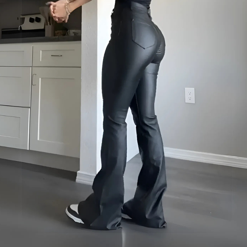 High Waist Slim Fitted Black Leather Flared Pants for Women