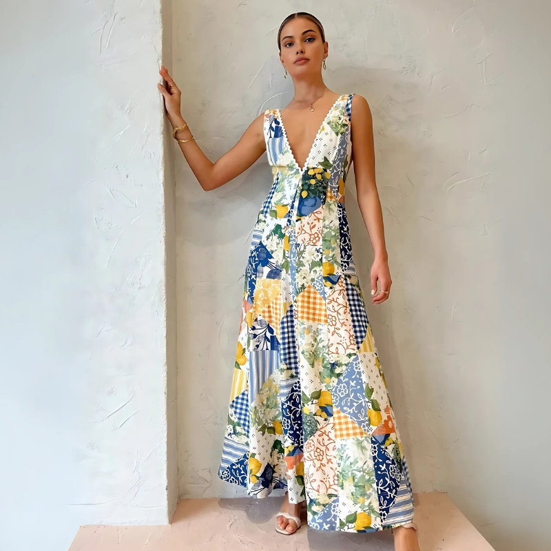 V-Neck Floral Patchwork Australian Maxi Dress