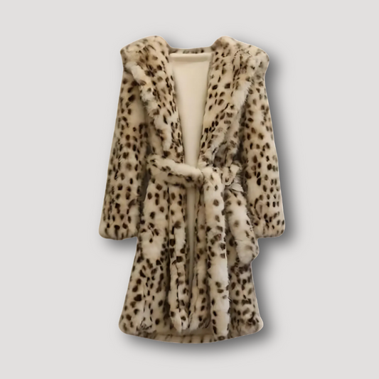 Open Front Tie Waist Soft and Fluffy Leopard Winter Hooded Coat Women