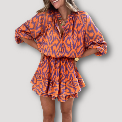 Orange Bohemian Ikat Ruffle Mini Dress with Long Sleeves