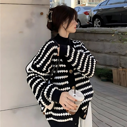 Classic Black and White Stripe Women's Knit Cardigan Sweater