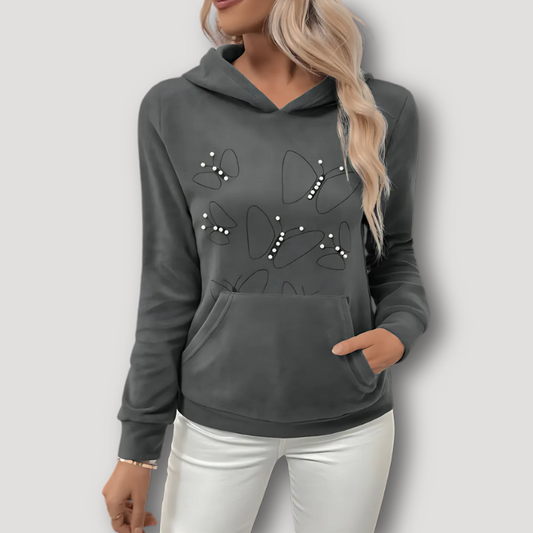 Casual Pearl Butterfly Embellishment Grey Hoodie Women