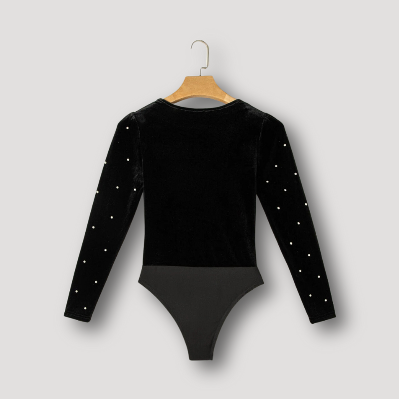 Velvet Pearl Embellished Bodysuit Long Sleeve Black