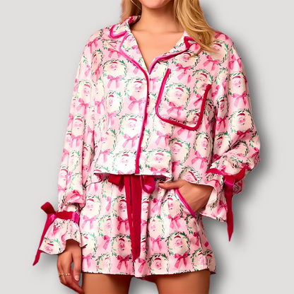 Santa Pattern Velvet Accents Pink Christmas Pajama Set Satin