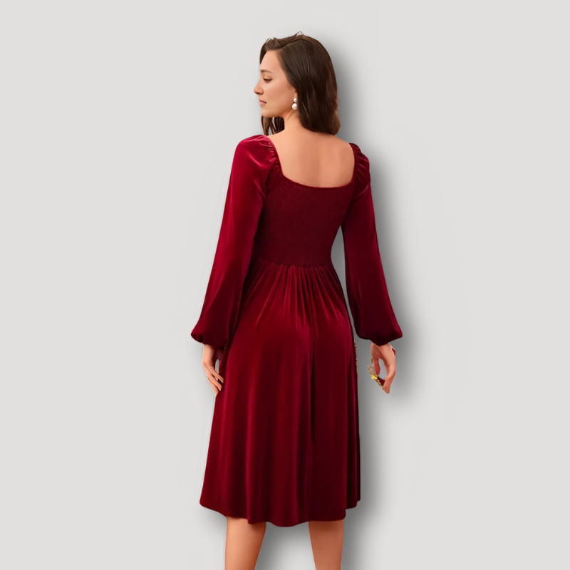 Red Velvet Christmas Party Dress Work Pleated Midi Dress with Sleeves