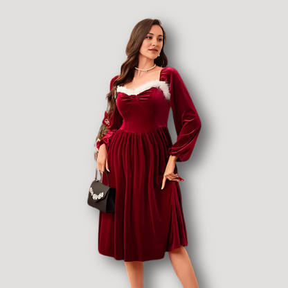 Red Velvet Christmas Party Dress Work Pleated Midi Dress with Sleeves