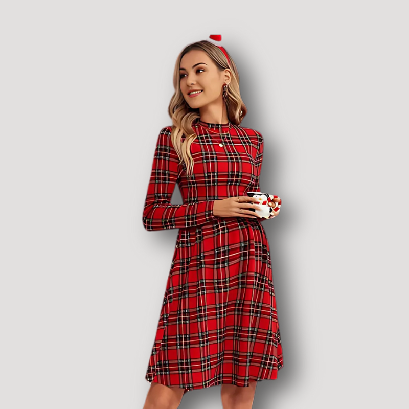 Classic Red Plaid Christmas Dress Long Sleeve Midi Maternity Dress