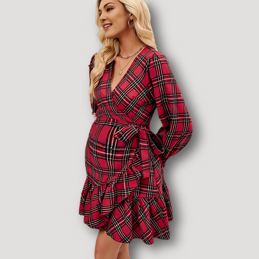 Red Plaid Puffed Sleeves Maternity Dress Long Sleeve Ruffled Dress Midi