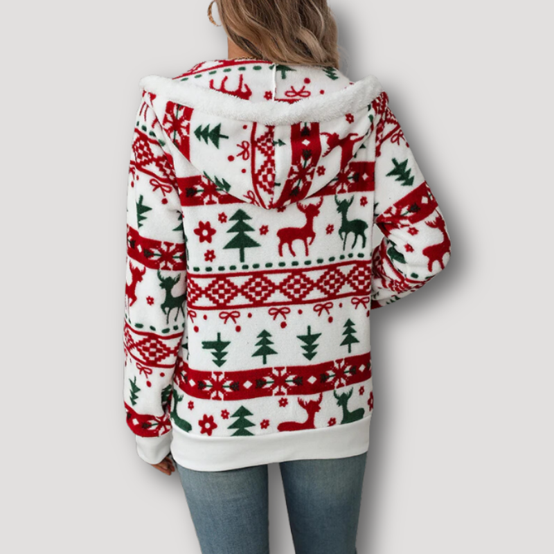 Fur Trim Hood Christmas Reindeer White Hoodie Zip Up Women