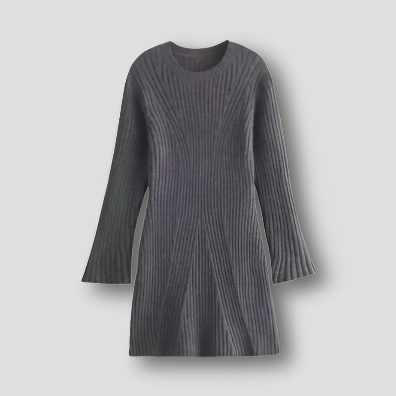 Slim Fitted Flared Long Sleeve Ribbed Knit Sweater Dress