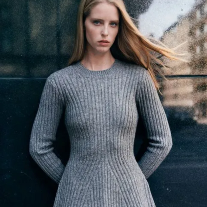 Slim Fitted Flared Long Sleeve Ribbed Knit Sweater Dress