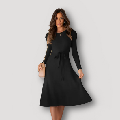 Slim Fit Tie Waist Midi Knit Dress Long Sleeve