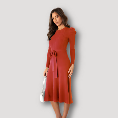 Slim Fit Tie Waist Midi Knit Dress Long Sleeve