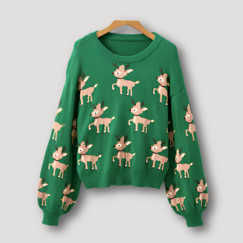 Reindeer Drop Shoulder Christmas Green Sweater for Women