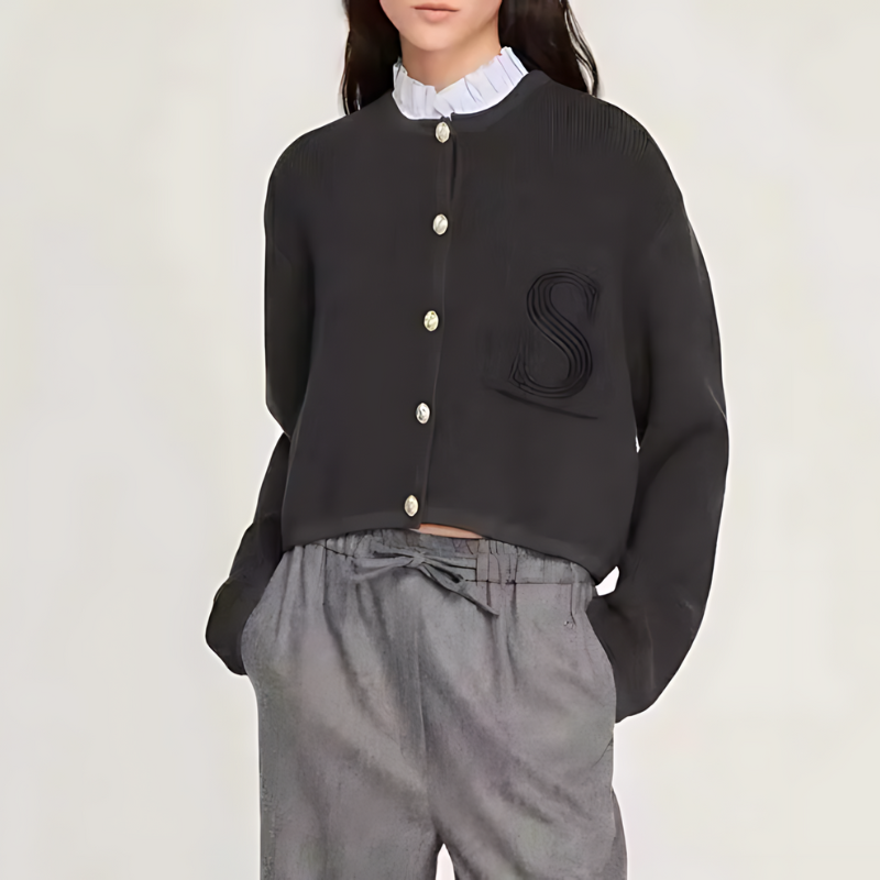 S Embroidered Pocket Ruffled Collar Cropped Cardigan Sweater Women