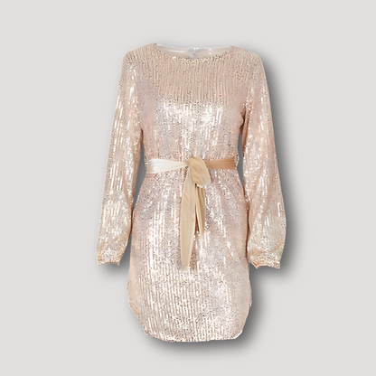 Tie Waist Christmas Gold Sequin Dress Long Sleeve