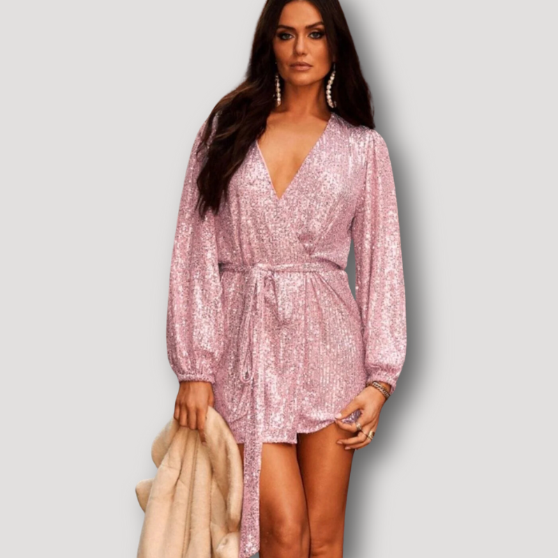 Glamorous Tie Waist Balloon Sleeves Sequins Mini Wrap Dress