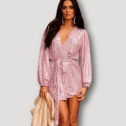 Glamorous Tie Waist Balloon Sleeves Sequins Mini Wrap Dress