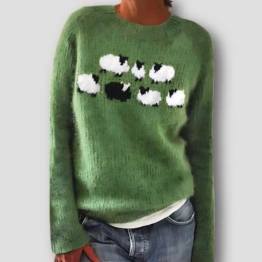 Adorable Sheep Embroidery Green Wool Sweater for Women