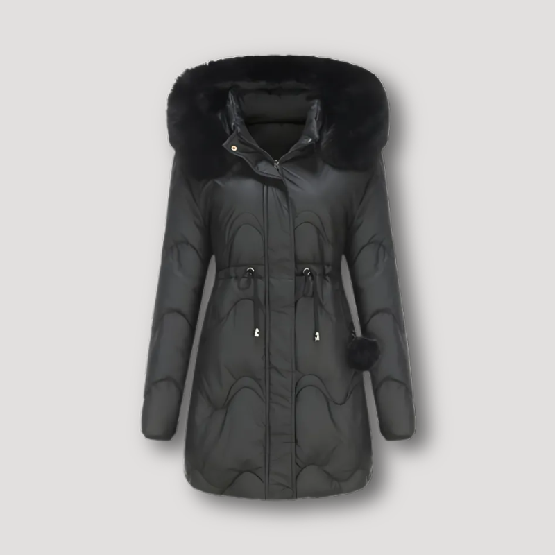 Drawstring Waist Womens Puffer Jacket Fur Hood