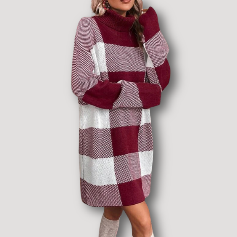 Burgundy Plaid Christmas Maternity Dress Midi Knit Dress Long Sleeve