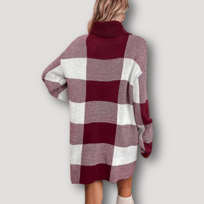 Burgundy Plaid Christmas Maternity Dress Midi Knit Dress Long Sleeve