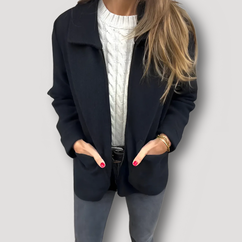 Two Front Open Pocket Zip Up Wool Jacket for Women