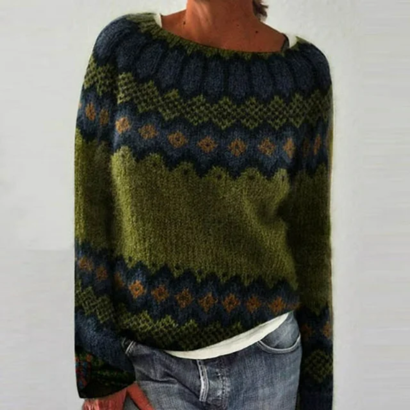 Geometric Diamond Pattern Green Wool Sweater for Women