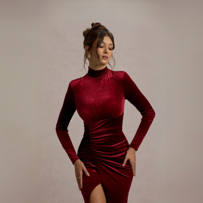 Velvet Turtleneck High Leg Slit Long Sleeve Maxi Dress