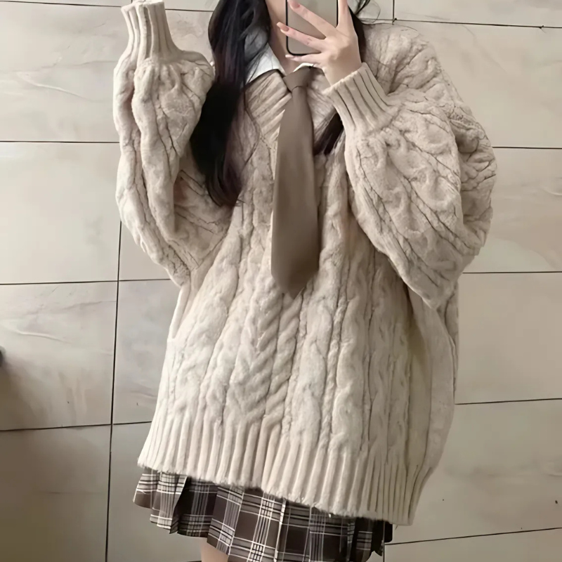 Balloon Sleeves Oversized Women's Cable Knit V-Neck Sweater Jumper