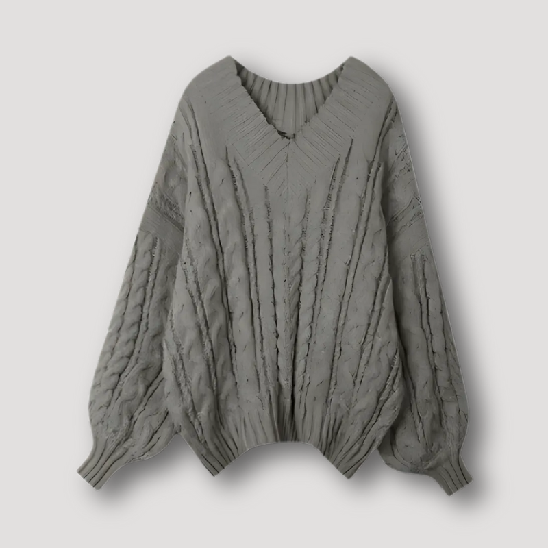 Balloon Sleeves Oversized Women's Cable Knit V-Neck Sweater Jumper