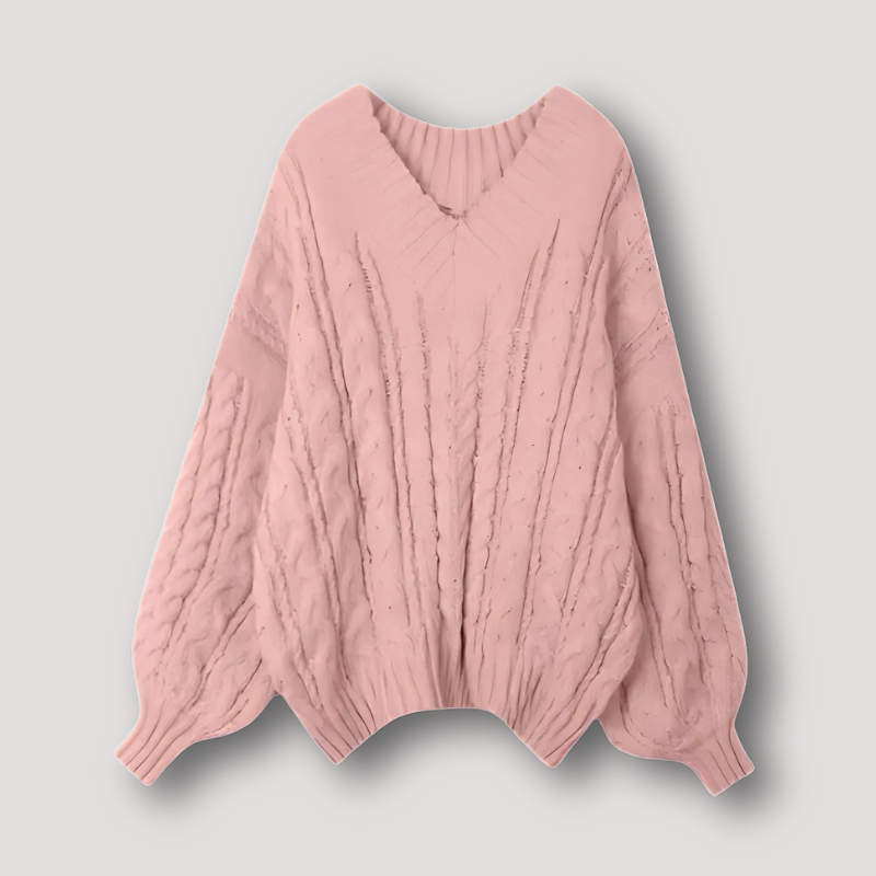 Balloon Sleeves Oversized Women's Cable Knit V-Neck Sweater Jumper