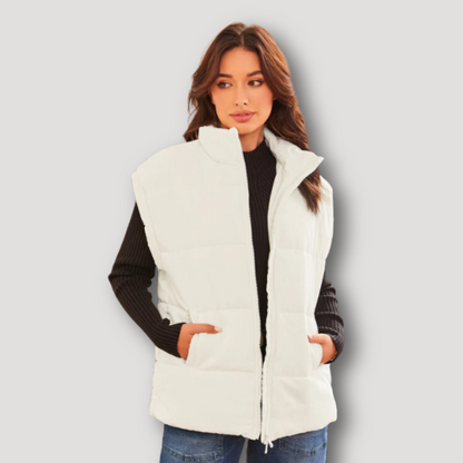 Stand Collar Zip Up Oversized White Winter Vest Women