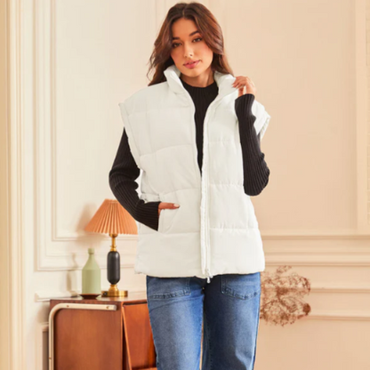 Stand Collar Zip Up Oversized White Winter Vest Women