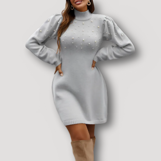 Ribbed Collar Pearl Embellished Sweater Dress Long Sleeve