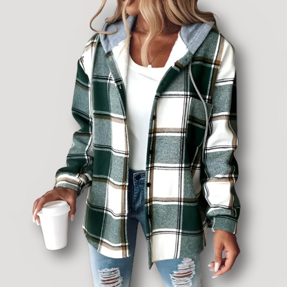 Button Up Green Plaid Hooded Shirt Jacket for Women