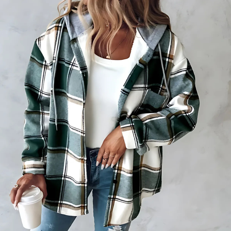 Button Up Green Plaid Hooded Shirt Jacket for Women