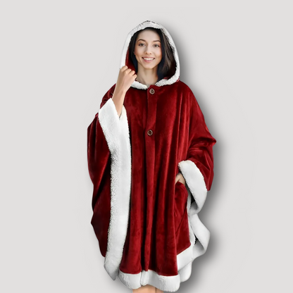 Festive Sherpa Lined Red Hooded Poncho Blanket