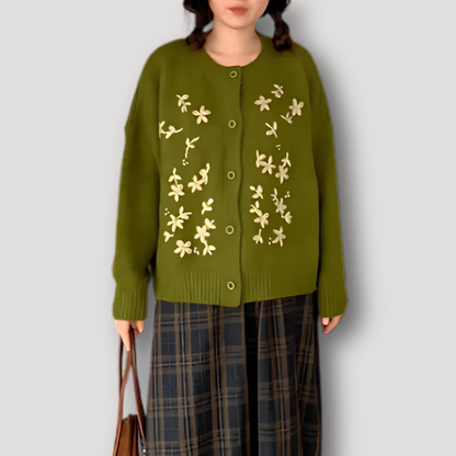 Green Floral Embroidered Knit Cardigan for Women