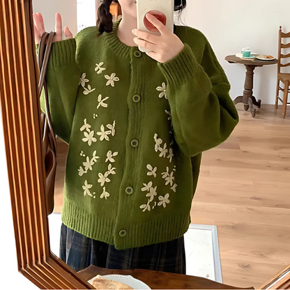 Green Floral Embroidered Knit Cardigan for Women