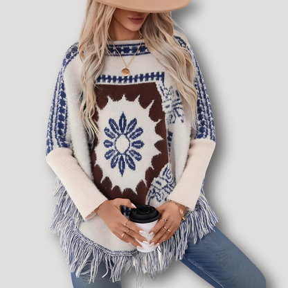 Fringe Boho Knit Pullover Poncho Sweater Long Sleeve