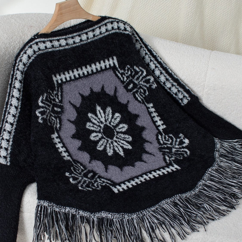 Fringe Boho Knit Pullover Poncho Sweater Long Sleeve