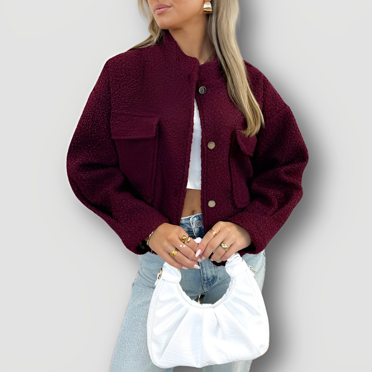 Burgundy Button Up Cropped Teddy Jacket for Women