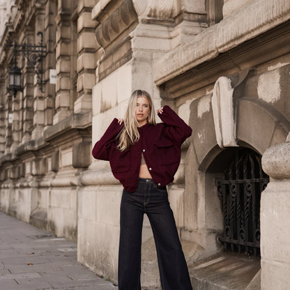 Burgundy Button Up Cropped Teddy Jacket for Women