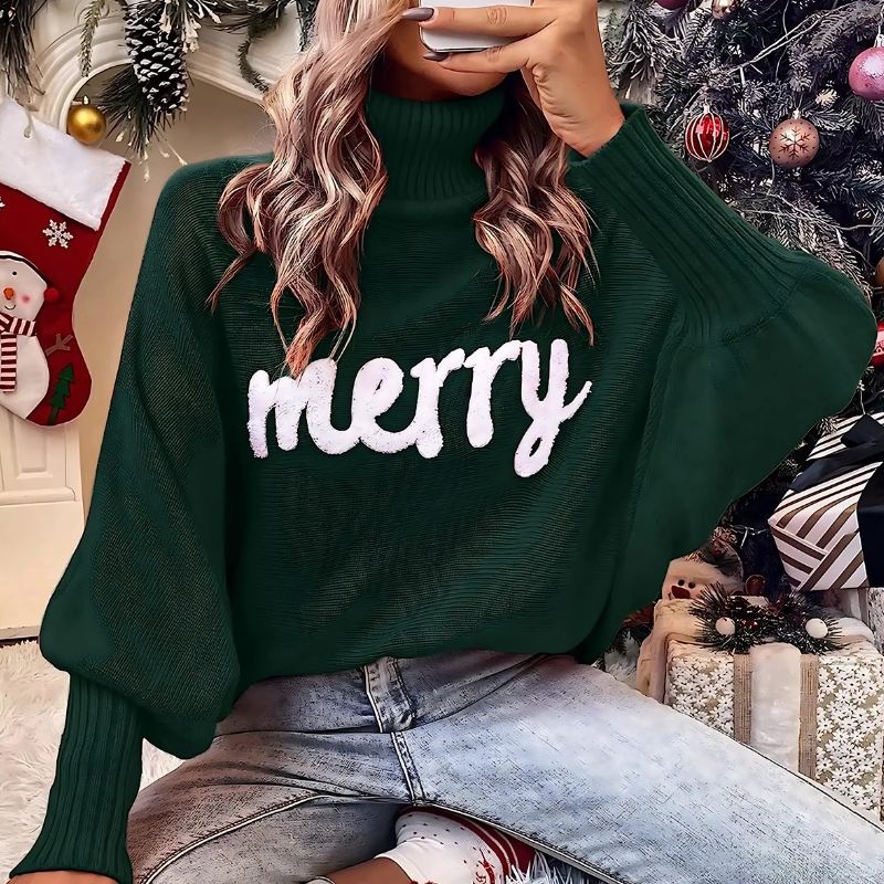 Merry Embroidery Turtleneck Women Knit Sweater