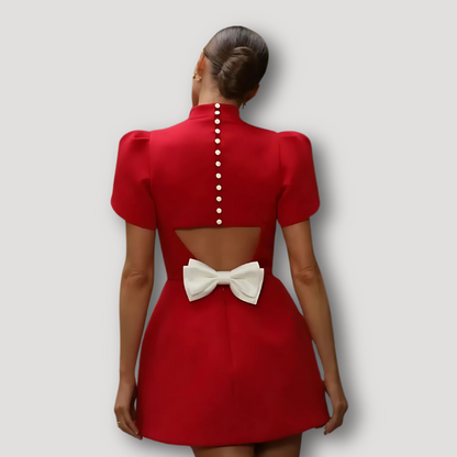 White Bowtie Accent Puff Sleeve Red Mini Dress Australia