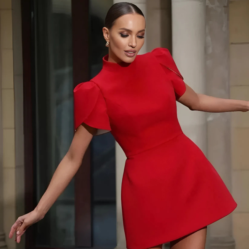 White Bowtie Accent Puff Sleeve Red Mini Dress Australia