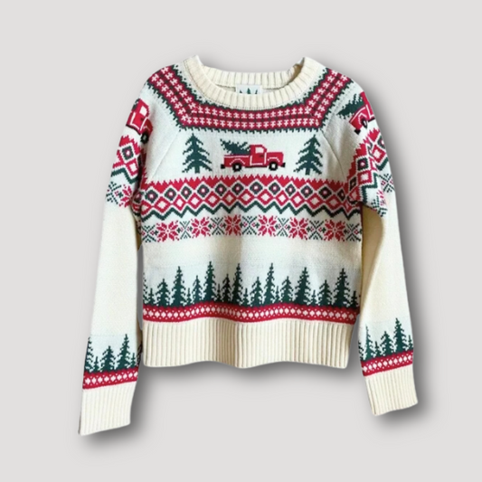 Festive Fair Isle Truck Ugly Christmas Sweater White