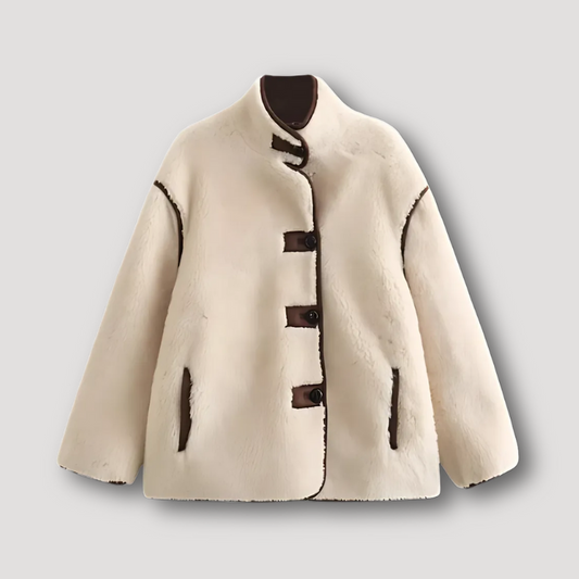 High Collar Fleece Beige Jacket for Women in Winter