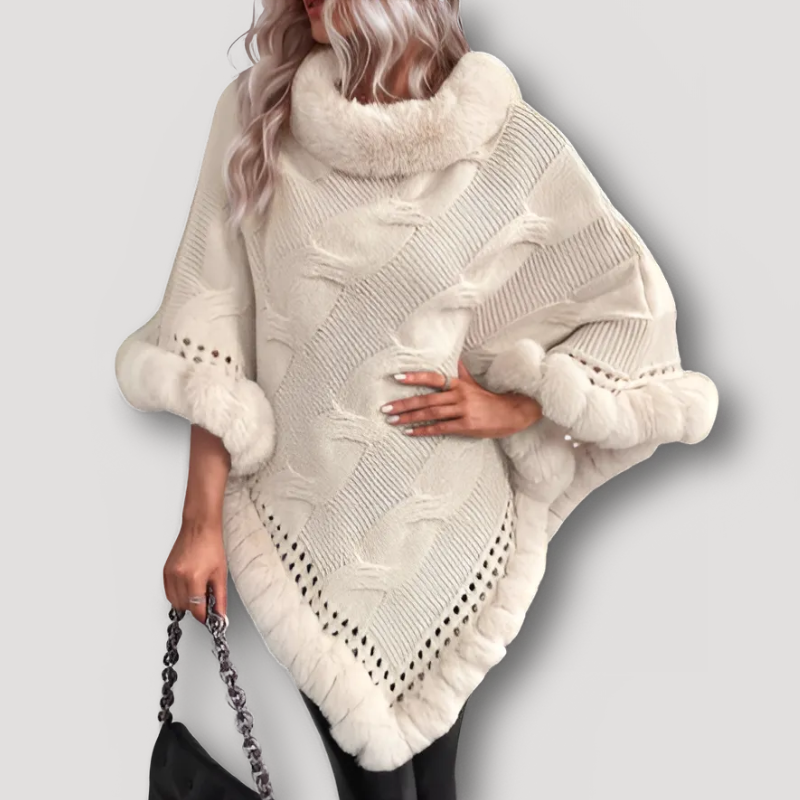 Fur Trim Chunky Cable Knit Poncho Women